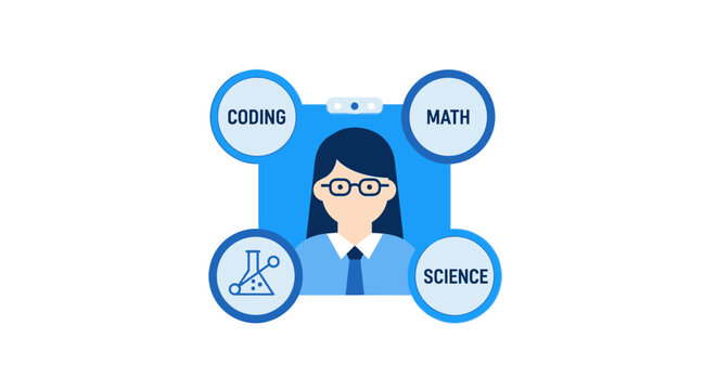 STEM Education and Career Concept: Flat Vector Illustration of a Woman Professional Surrounded by Coding, Math, and Science Skills Icons