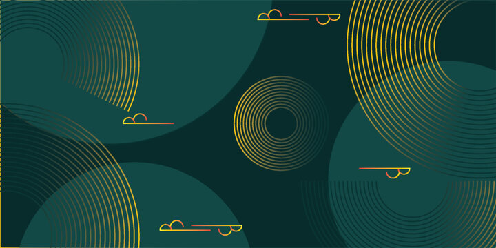 Asian-style geometric decorative background for web, apps, and landing pages. Modern dynamic abstract geometric shapes with golden lines and semicircles in random order. Minimalist dark wallpaper.

