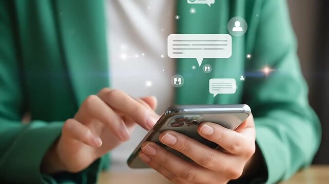 Hands holding smartphone with glowing social media chat notifications and profile in augmented