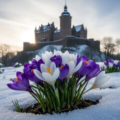 Purple irises in bloom near historic tower. © Valir