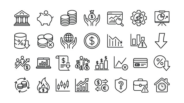 Collection of financial and business outline icons representing growth decline savings and financial analysis with diverse symbols and charts