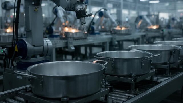 Robotic arm executing TIG welding with high accuracy and speed assembling large cookware components in a hightech industrial manufacturing environment