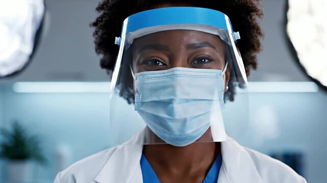 African american doctor wearing face shield and mask reviewing medical records or Black female doctor wearing protective gear examining patient charts in hospital