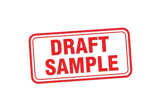 Red rectangular rubber stamp with distressed texture and the text draft sample for document review, office work, and editing processes isolated on a transparent background