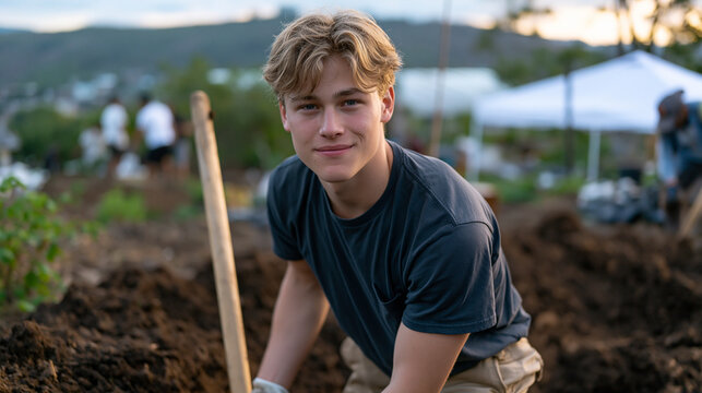 Young gap year volunteer building composting infrastructure at organic farm cooperative abroad, shoveling alongside local youth leaders, ethical volunteering posture emphasizing learning not charity
