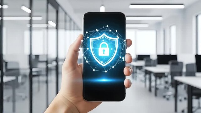 Hand holding modern smartphone displaying glowing cybersecurity shield lock in futuristic digital