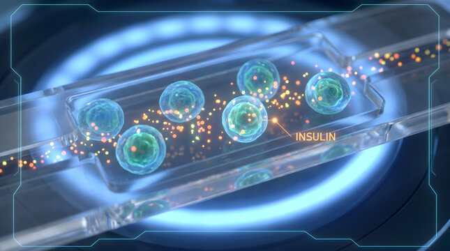 Microfluidic lab on a chip device. Beta cells secreting insulin hormone molecules. Diabetes biotechnology research concept