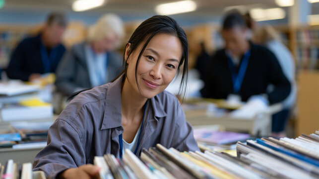 Employees from financial services firm sorting donated book collections onto rolling carts in school library during corporate volunteer day, literacy initiative partnership, CSR program, team coordi