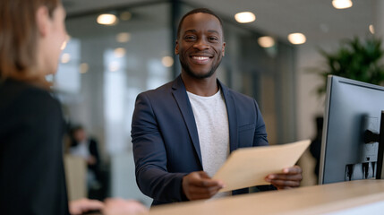 Fototapeta premium Job seeker in business casual attire submitting resume packet at unemployment office intake window while employment counselor reviews eligibility criteria on desktop terminal in state workforce deve