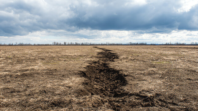 A barren landscape reveals deep cracks in the dry earth under a cloudy sky, highlighting environmental changes and drought impacts.