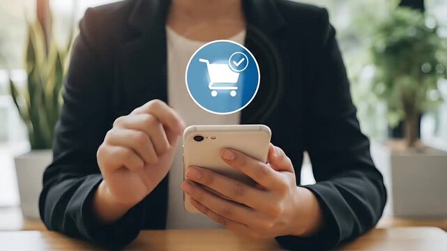 Business using smartphone for online shopping and mobile payment confirmation in modern office