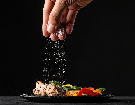 Seasoning a delicious dish with salt, a close-up shot showing salt crystals falling from fingertips onto a plate of food