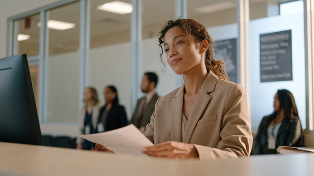 Juvenile court clerk processing case files at intake desk as social workers and legal advocates wait in institutional hallway with motivational posters beside frosted-glass partition windows .ultra 