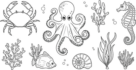 Vintage sea life line art vector set featuring hand drawn octopus crab seahorse seashell and coral reef drawings © MDMAHABUR