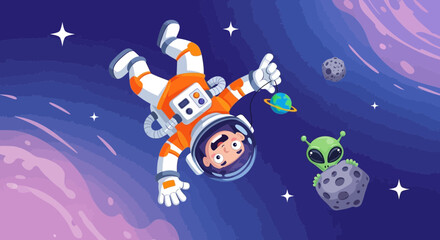 Fototapeta premium Astronaut Floating in Space with Alien and Planets, Cartoon Style
