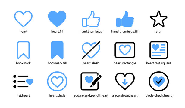 Heart and like interface icons showing variations and states