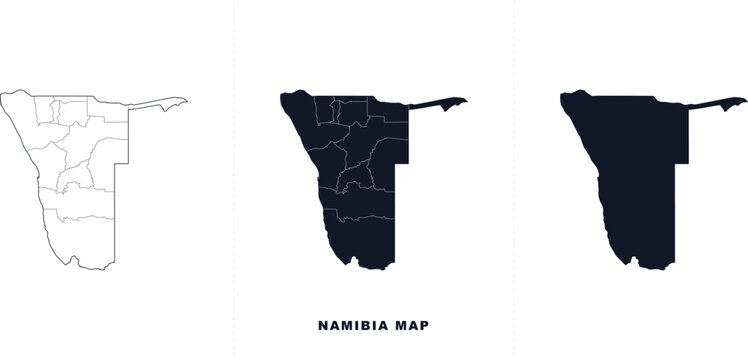 Set of namibia maps with regional borders and solid silhouette