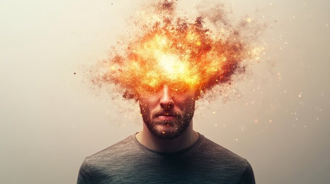 Man suffering from information overload and stress with his head exploding into flames representing burnout, mental health issues and migraine