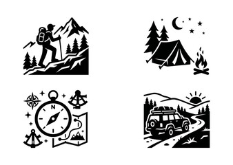 Obraz premium Collection of black and white vector icons representing outdoor adventure, featuring hiking, camping, navigation, and off-road travel for wilderness exploration