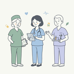 Fototapeta premium Medical team of three professionals discussing patient care in flat cartoon style illustration.