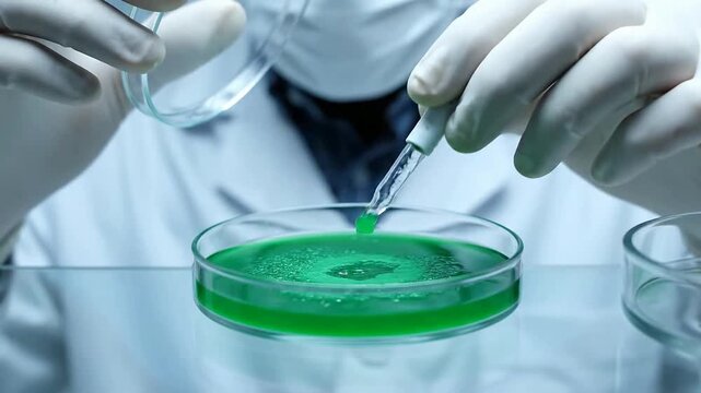 Scientist mixes green liquid in petri dish or Laboratory researcher experiments with sample in lab