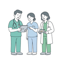 Fototapeta premium Healthcare team discussing patient records using digital tablet in medical clinic hallway.