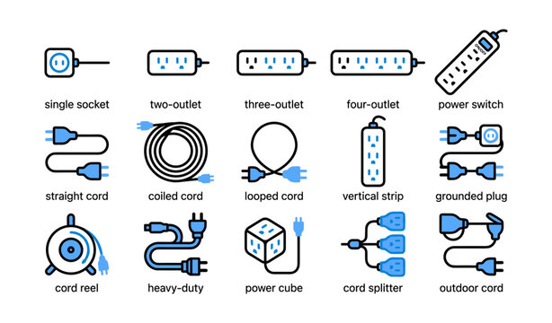 Power sockets cords and extension strips in icon grid