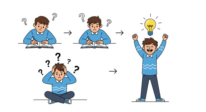 Four panel infographic showing a young student struggling with homework before finally having a bright idea symbolized by a lightbulb.