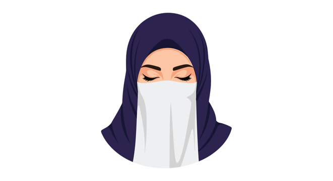 Portrait of a woman with closed eyes wearing a dark purple hijab and a white niqab covering her face for modesty.