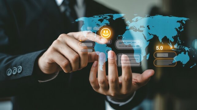 Businessman interacting with holographic world map interface and customer satisfaction rating on smartphone screen.