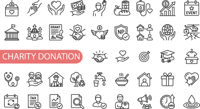 charity donation line icon set featuring finance, community, funding, donation, empathy, trust, honesty, help, gift, benefit
