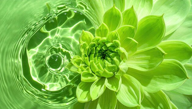 Green Dahlia Flower with Water Ripple - A Serene Floral Composition.