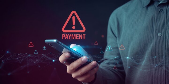 Man holding smartphone with warning alert about payment transaction security issue.