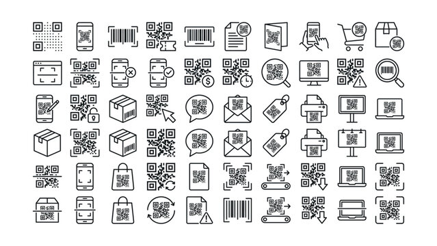 Collection of modern flat line icons representing QR codes and barcode scanning for business and technology applications