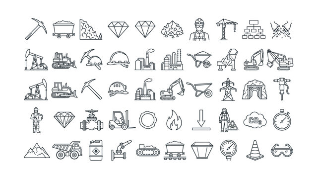 Comprehensive collection of industrial and mining icons featuring machinery resources safety equipment and environmental elements on a clean background