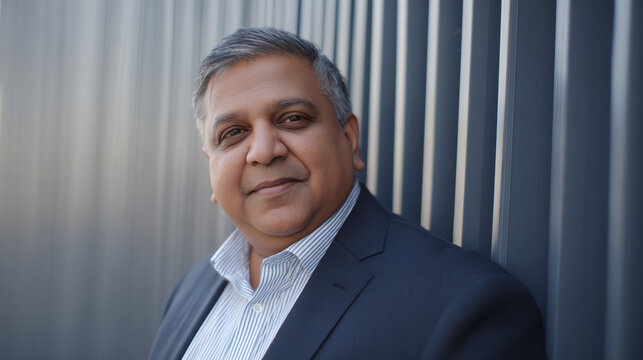 A confident businessman standing against a modern textured wall, exuding professionalism and charisma in a formal setting.