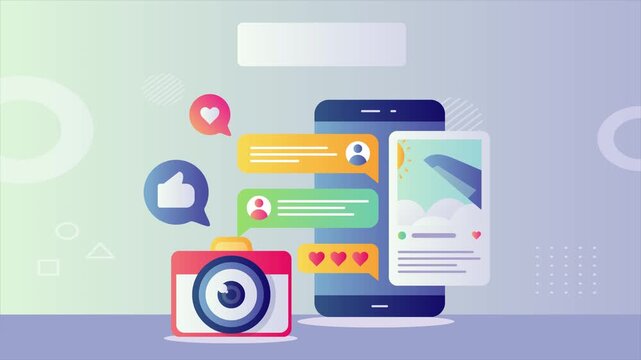 A smartphone displays a social media post with likes and comments next to a camera on a colorful background with notifications.