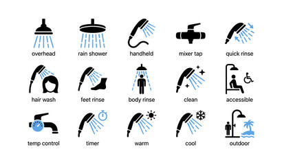 Obraz premium Shower and rinse icons showing shower types and accessibility