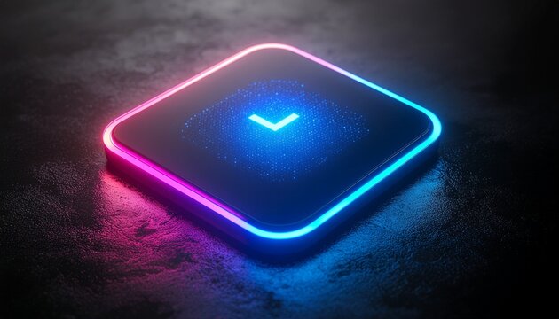 Futuristic computer mouse motif button glowing with blue and pink neon light on dark texture　パソコンのマウスをモチーフにした近未来的でスマートなデバイスの発光デザイン 青とピンクのネオン イラスト