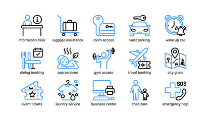 Fototapeta premium Hotel amenities and service icons displayed on white background