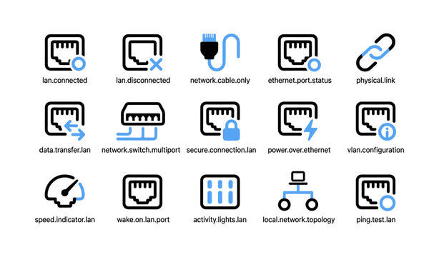 Lan and network icons showing port status on white background