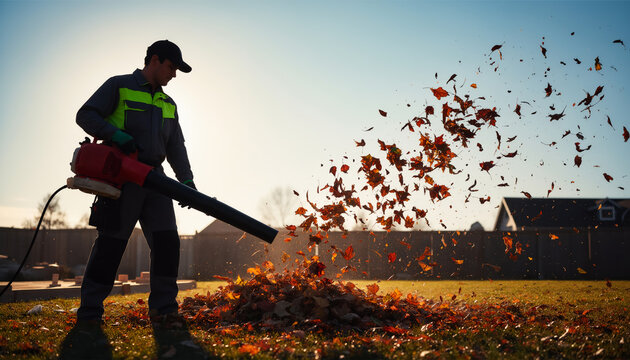 Silhouette of a professional landscaper using a powerful red leaf blower machine to clear a huge pile of dry autumn leaves on a green lawn against bright golden sunlight during seasonal cleanup