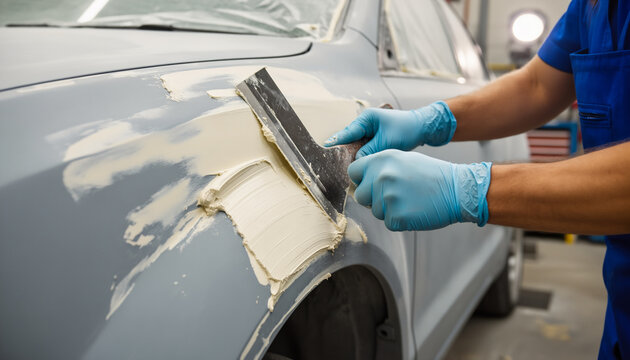 Close up of auto body shop worker hands in blue gloves applying white putty filler with a metal spatula spreader onto a damaged grey car fender during professional automotive restoration process