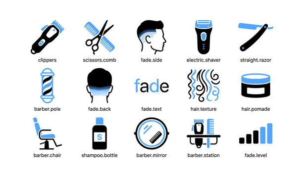 Barber icons showing clippers shaver comb and styling tools