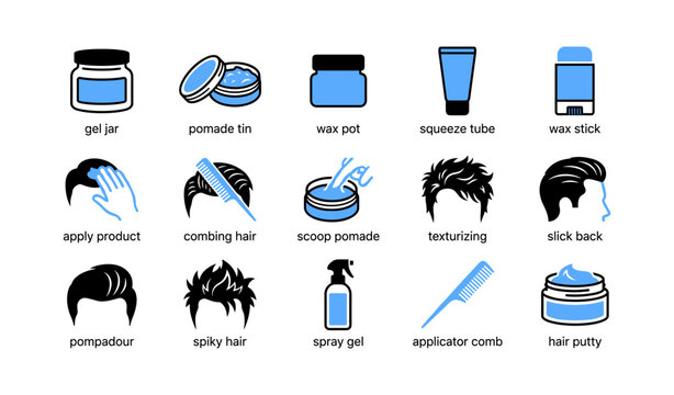 Hair product icons showing pomade jars applicator comb and styling