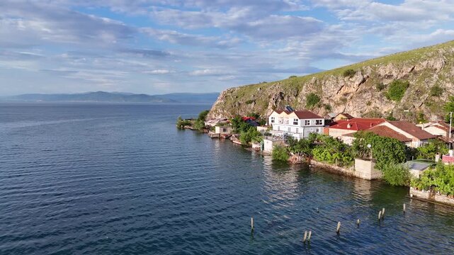 Beautiful Lakeside Landscape of Lin Peninsula and Lake Ohrid Captured by Drone