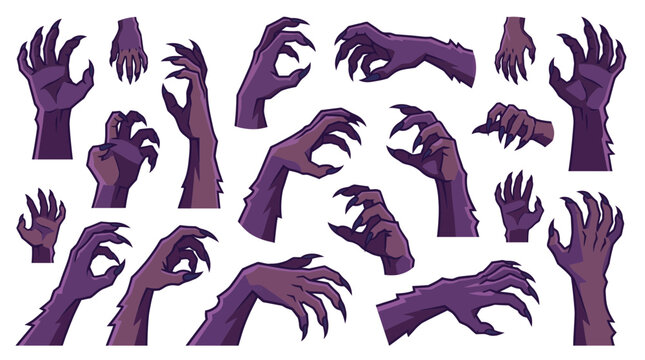 Collection of purple monster hands and beastly claws with sharp nails in various reaching and grabbing poses on white background, Symbolizing horror game assets or spooky Halloween decorations