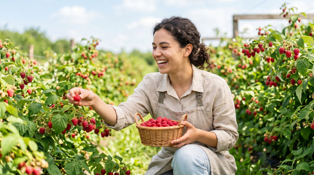 Young woman picking fruits in field and smiling during summer job search  