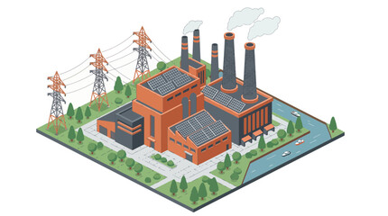 Naklejka premium Isometric 3D illustration of modern industrial factory complex with smokestacks and solar panels near river, representing sustainable energy and illustrating eco friendly manufacturing