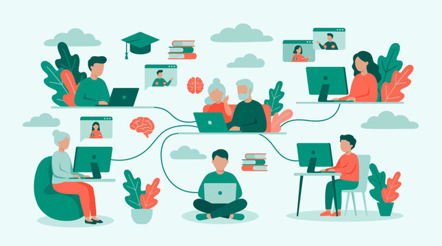 Diverse people and children using computers for remote learning and global networking in a flat vector style, illustrating digital education platform, provides lifelong learning connectivity